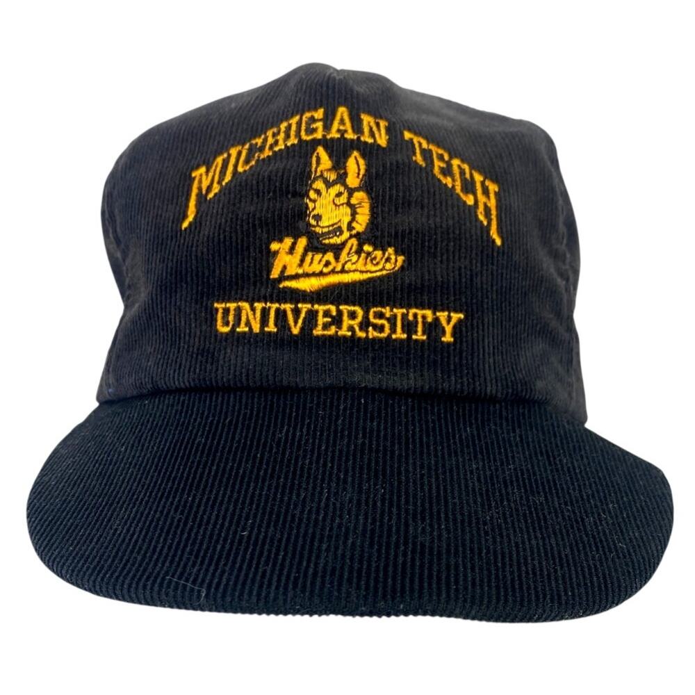 Vtg 80s Michigan Tech University Huskies Black Gold Snapback Corduroy Hat READ